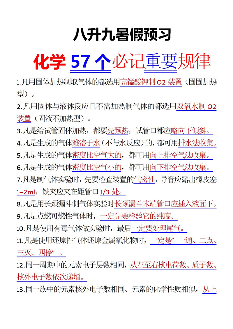 八升九暑假预习化学57个必记重要规律背诵版