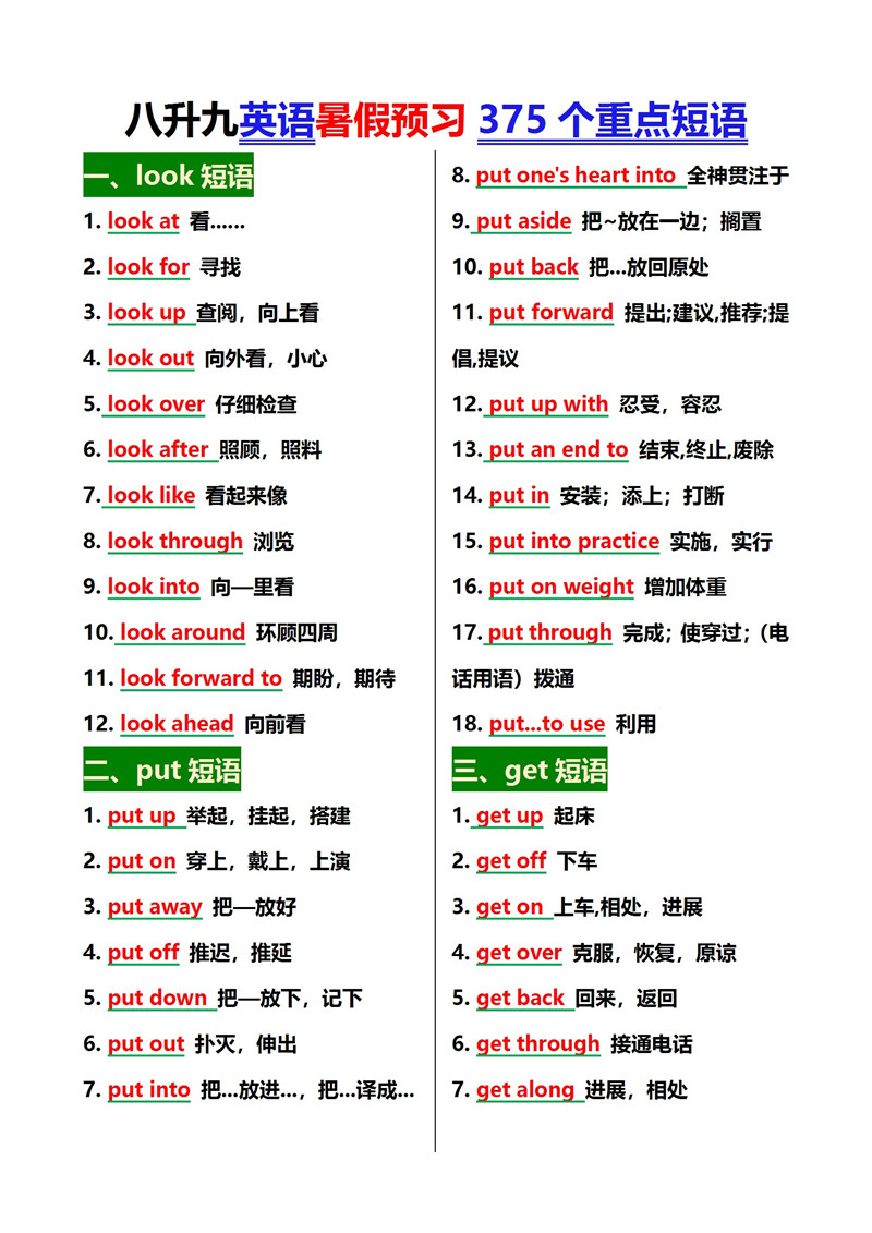 初中英语375个重点短语背诵