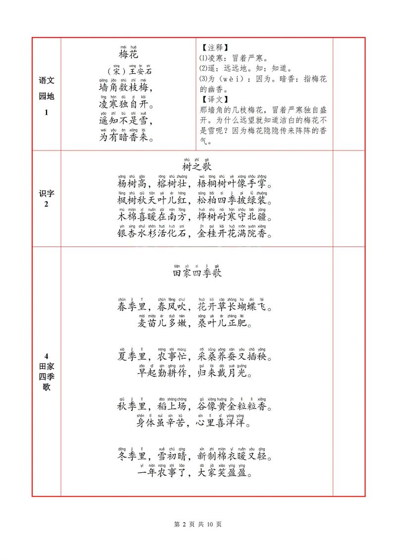 2年级语文上册必背内容+默写表
