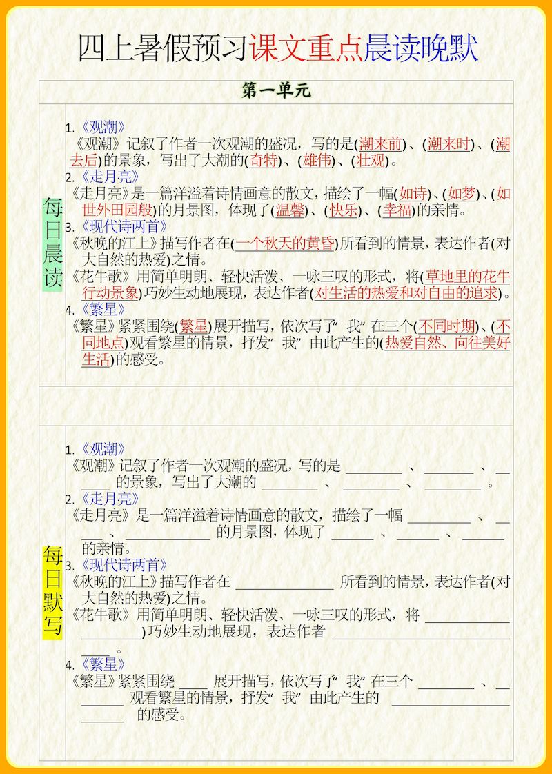 四年级上册语文各课内容重点中心思想晨读晚默