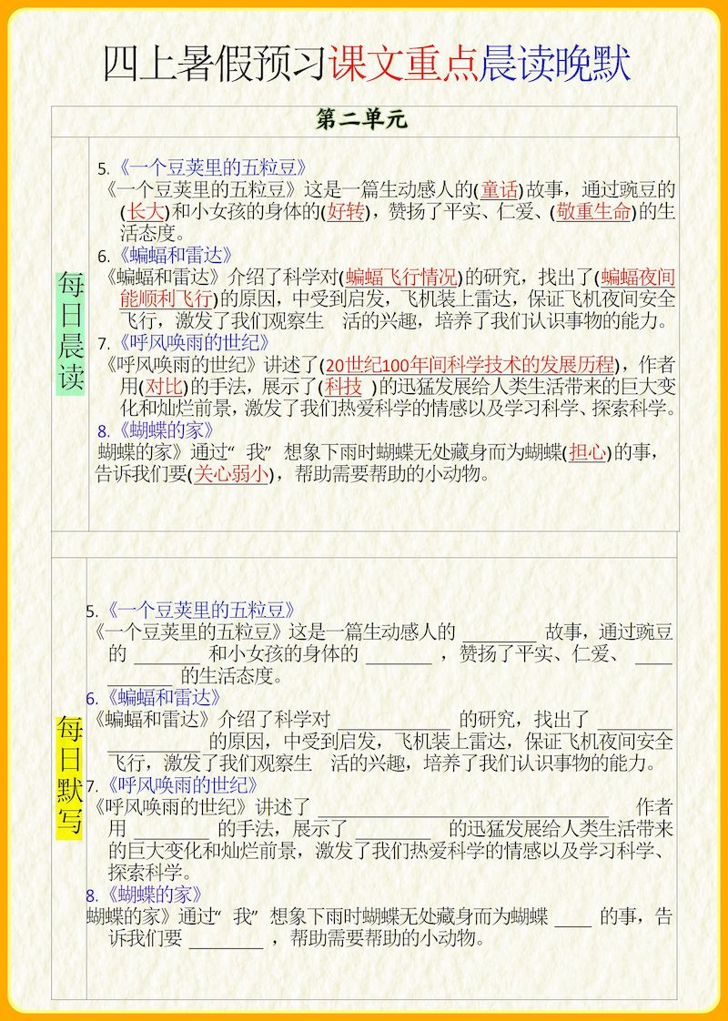 四年级上册语文各课内容重点中心思想晨读晚默